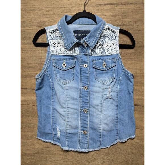 Maurices Wmns Sz M Blue Jean Denim White Lace Button Vest Top Cowboy Western - Picture 1 of 7